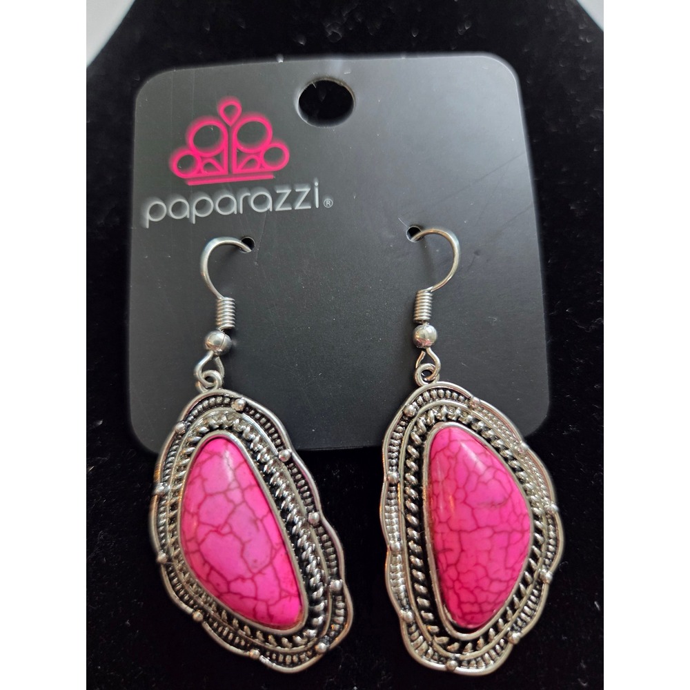 Paparazzi Drop Earrings Womens OS Pink Faux Stone Silver Tone Southwestern Boho